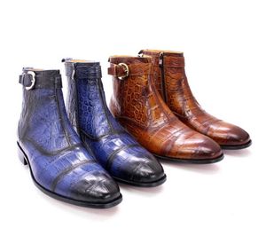 HBP Bottes en cuir véritable à grain de serpent sans marque pour hommes Bleu Marron avec bottes formelles à bout zippé