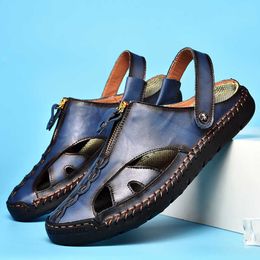 HBP Pantoufles décontractées d'été sans marque Design de mode Confortable Taille durable 47 48 Bleu Sandales en cuir véritable Chaussures pour hommes