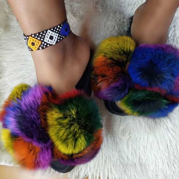 HBP Non-Brand Summer Sexy Mujer Zapatillas de piel de zorro Moda Chanclas peludas Mujer Diapositivas mullidas Sandalias multicolores Zapatos de felpa peludos y esponjosos