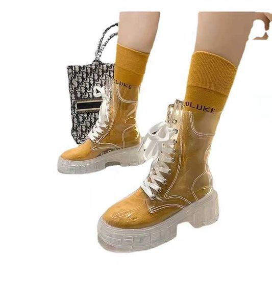 HBP Botas de plataforma transparentes sin marca Zapatos de gelatina de PVC Calcetines de color caramelo con cordones para mujer Lluvia para damas