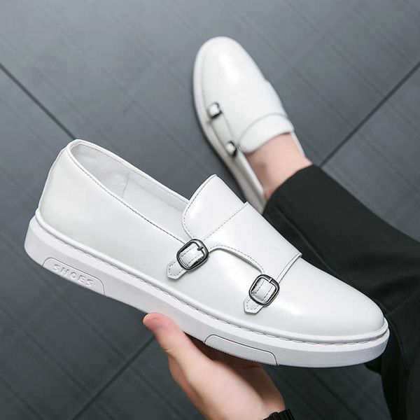 HBP Chaussures habillées en cuir verni blanc sans marque Design classique Mocassins durables à double sangle de moine Chaussures pour hommes