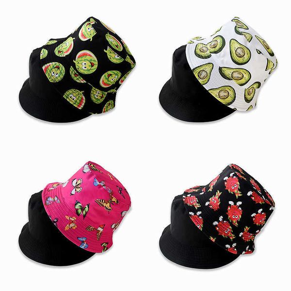 HBP Summer Wide Brim Hats 2022 Nouveau pêcheur double face hommes Retro All-Match Printing Fruit Modèle Beaut Hat Femmes P230311