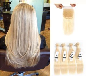 HC 5 pièces Lot vierge péruvienne cheveux blonds avec fermeture noeuds blanchis droite 613 miel blond cheveux faisceaux avec fermeture en dentelle5940272662413