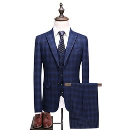HCXY Men039S Plaid Stripe Business Casual Suit Wedding Slim Suit Jack Men 3 -delige set maat S5XL mannelijke blazerjacks9840887