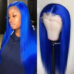 Peluca con malla Frontal de cabello humano liso azul HD 13x4, peluca Frontal de encaje 13x4, pelucas de cabello azul virgen brasileño para mujer, venta prearrancada