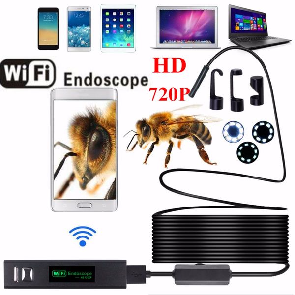 Freeshipping HD 720P 8mm Lente WIFI Endoscopio Cámara 1M 2M 3.5M 5M 10M Con 8 LEDs Impermeable IP68 IOS Iphone Endoscopio Android Car Endoscopio