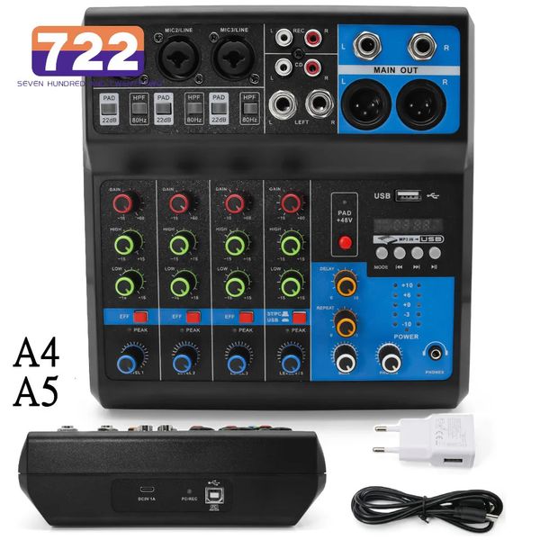 HD A4 A5 Tarjeta de sonido Mezclador de consola Mezclador de audio profesional 4/5 canales para transmisión en vivo Equipo de DJ 240110