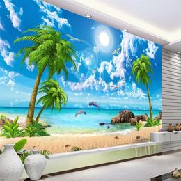HD beau papier peint mer noix de coco plage paysage 3D fonds d'écran pour salon canapé TV toile de fond 2375