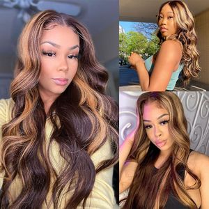 HD Body Wave Sight Front Human Hair for Women Lace Lace Frontal Wig pré-cueilled Honey Blonde Colored Synthetic Wigs 8644