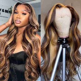 Hd Body Wave Highlight Lace Front Human Heuv Hair Wigs for Women Frontal Wig pré-cueilled Honey Blonde coloré sy