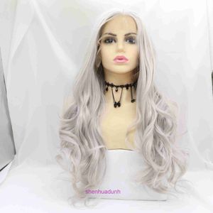 HD Body Wave Highlight Lace Front Human Hoils Wigs for Women Star Style Style Grey White Naturally Curled Cair avec Lace Synthetic Wig Front For Womens Headwear