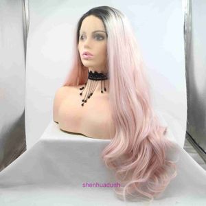 HD Body Wave Hoogtepunt kanten voorkant menselijk haarpruiken voor vrouwen hete verkoop pruik pruik roze lang krullend haar met grote golven medium gradiënt kleur hightemperatuur zijden headba