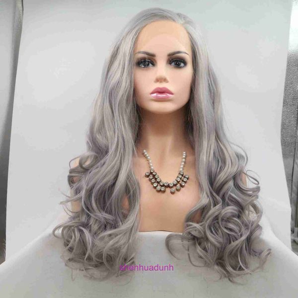 HD Body Wave Batir de encaje delantero Pelucas para el cabello humano para mujeres Qingdao Xiwei Handhook Chemical Fiber Wig Matte Alta temperatura Seda Seda División de gris gris