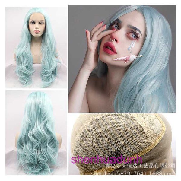 Hd Body Wave Highlight Lace Front Human Hair Wigs for Women Sells Venture Blue Blue Wavy Curly Hair Hand Woven Lace Lace Synthetic Fiber Wig Ensemble avec une frange inclinée