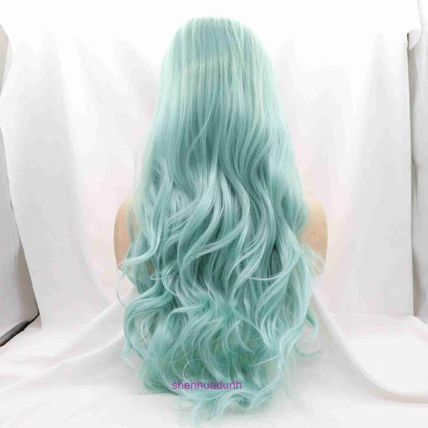 HD Body Wave Batir de encaje delantero Peluces de cabello humano para mujeres Mint Azul ondulada Cabezada rizada de encaje de encaje delantero Fibra sintética Conjunto de fibra sintética con flequillo inclinado