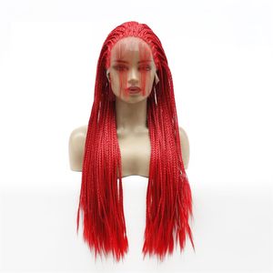 Perruque Lace Front Wig synthétique tressée HD Box, perruque de Simulation de couleur rouge, cheveux humains tressés, longues tresses frontales 180809-T1557