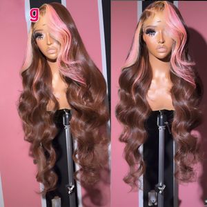Perruque Lace Front Wig synthétique transparente, cheveux naturels, brun rose HD, 13x4, à reflets roses, pour femmes