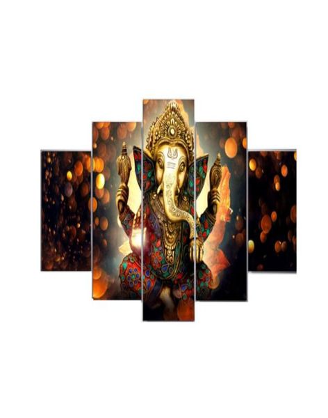 HD Canvas Art Pintura elefante DIOS PRENDIDAS DE ESTILO PARA SALA DE VIVIÓN 5 Panel Lord Ganesha Cuadros Pinturas de decoración moderna3715018