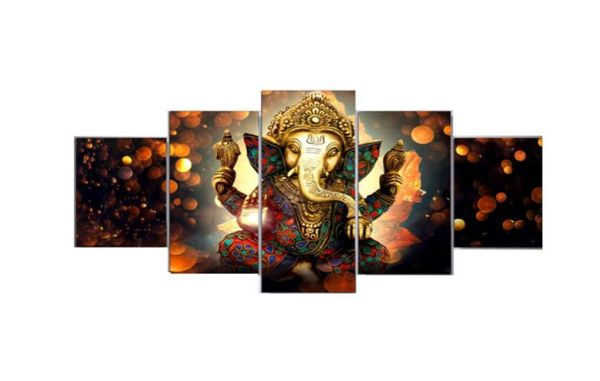 HD Canvas Arte de pared Pintura elefante de dios Fotos de estilo para la sala de estar 5 Panel Lord Ganesha Cuadros Pinturas de decoración moderna9414377