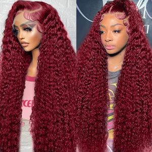 Perruque Lace Frontal Wig frisée bouclée, cheveux naturels, Deep Wave 99J, couleur rouge bordeaux 13x4 13x6, densité 250, pour femmes