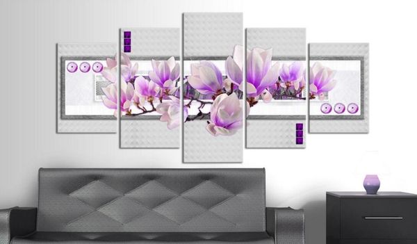 HD Mode No Frame5PCS Ensemble Affiche Moderne Violet Magnolia Fleur Art Imprimer Sans Cadre Toile Peinture Mur Photo Home Decoratio231h