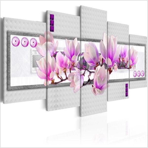 HD Mode No Frame5PCS Ensemble Affiche Moderne Violet Magnolia Fleur Art Imprimer Sans Cadre Toile Peinture Mur Photo Décoration de La Maison302g