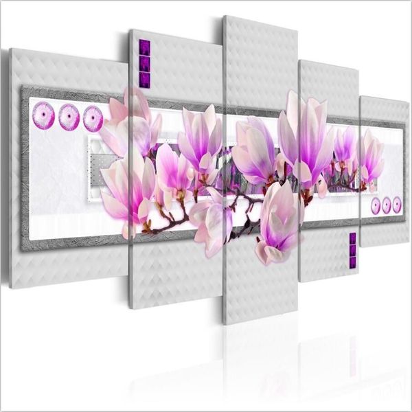 Moda HD sin marco, conjunto de 5 uds., póster moderno, arte floral de Magnolia púrpura, impresión en lienzo sin marco, pintura, imagen de pared, decoración del hogar231i