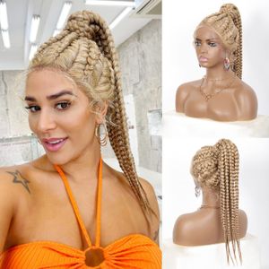 HD Full Lace Box tressé perruques synthétiques haut queue de cheval cheveux Stylie 28 pouces de Long pelucas para mujer BZ11