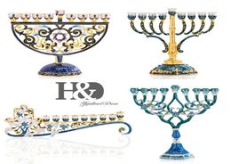 Chandelier Menorah Hanukkah floral en émail peint à la main, candélabre à 9 branches orné de cristaux, étoile de David Hamsa1923633