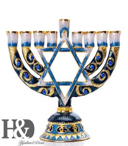 Hd Hanukkah Hand geschilderd email kaarsenhouder Chanukah Menorah Temple zeshoekige ster van David Candlesticks 9 Branch Home Party Y24777579