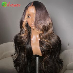 HD Hoogtepruik Wig Human Hair Gekleurde lichaamsgolf Ombre Bruine kant Synthetci -pruik voor vrouwen vooraf geplukt 13x4 kanten frontale pruiken