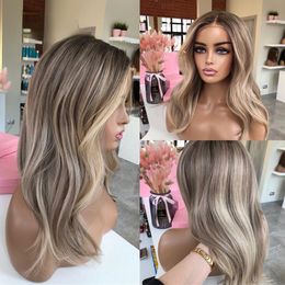HD Human Hair Lace Frontal Wig Ash Brown Blonde Highlights Colored Natural Wave Virgin Short Medium Lace Front Wig Synthetic