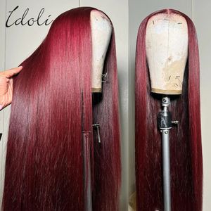 HD Lace Wig 13x6 Human Hair Lace Frontale pruik Bourgondië 99J rechte menselijk haarpruiken voor vrouw 30 32 Red Human Hair Wig Lace Front 240409