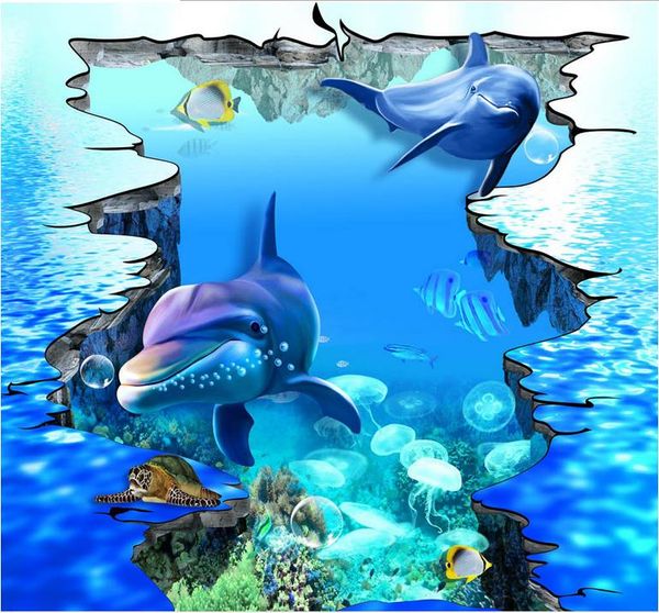 HD grands dauphins de mer fissurés 3D monde sous-marin peinture extérieure papier peint en vinyle