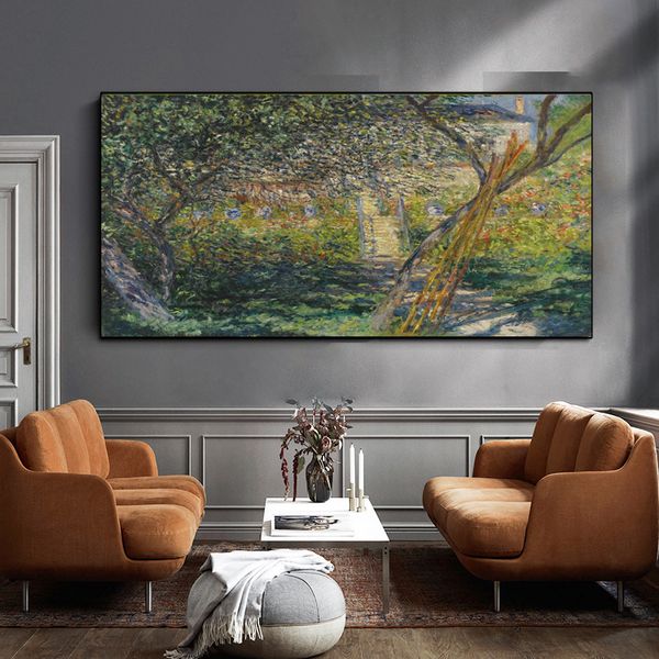 Lienzo impreso en HD, arte de pared, jardín de Claude Monet en Vetheuil, pintura al óleo de paisaje impresionista, póster, imagen para sala de estar