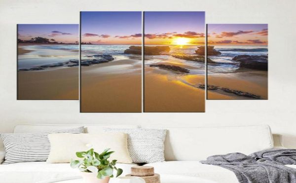 Impression HD Rochers et plages au coucher du soleil Peintures sans cadre 4 pièces sans cadre Impression sur toile Art mural Impression HD Peinture photo 3050811845774