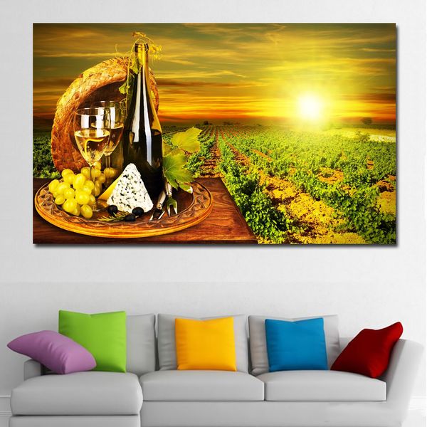 Toile imprimée HD, verre de vin rouge, raisin, fûts de chêne, peinture de coucher de soleil sur toile, images murales pour salon