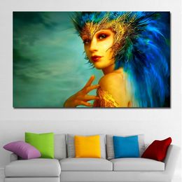 HD Gedrukt Canvas Art Native Priestess with Feather Crown Painting Wall Picture voor Woonkamer Dropshipping