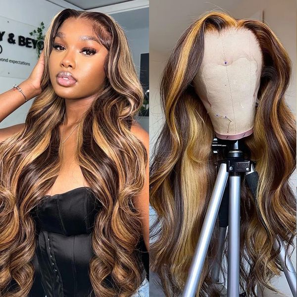 HD Body Wave Highlight Lace Front Perruques de Cheveux Humains Pour Les Femmes Dentelle Frontale Perruque Pré Cueillie Miel Blonde Coloré Perruques Synthétiques