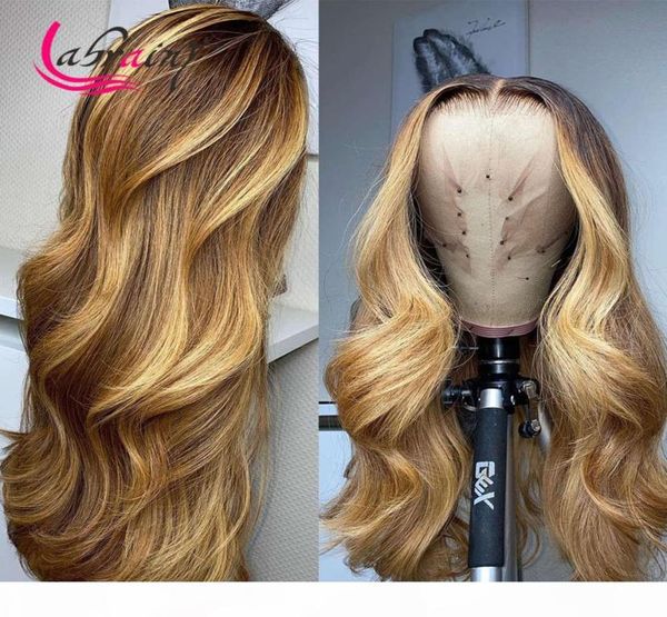 HD transparent 13X6 mettre en évidence les cheveux humains frontale vague de corps avant de lacet blond miel pré plumé noeuds blanchis Wigs1704634