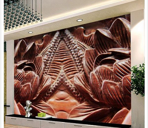 HD Wood Sculpture 3D Lotus Pond Moonlight Fond Mur Fond d'écran pour murs 3 D pour salon