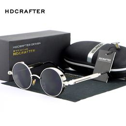 HDCrafter Vintage Round Metal Steampunk Sunglasses Sunglasses Polaris Brand Designer Retro Steam Punk Sun Sunshes for Men 277n