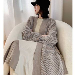 HDHOHR Hoge kwaliteit natuurlijke nertsen bontjas vrouwen met riem gebreide echte minkfur jas mode warm lang voor vrouwelijke 211220
