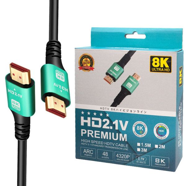 HDMI 2.1 câble haute vitesse 19 + 1 cuivre pur 8k 4k 2k hdtv 2.1v 60Hz prend en charge 4320p 1080p 3D Ethernet Gold plaqué V2.1 Connecteurs Ligne PC pour le projecteur de moniteur de jeu de jeux télévisés