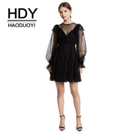 HDY Haoduoyi Marque Noir Mini Robe Point De Vague En Mousseline De Soie Lanterne À Manches Longues Sexy Robe Semi Sheer Dames Robes Pour Femme T200319