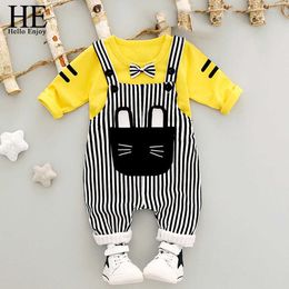 Hij hello geniet van babyjongen kleding herfst 2019 baby kleding sets cartoon boog tops + streep overalls baby meisje outfit pasgeboren set G1023