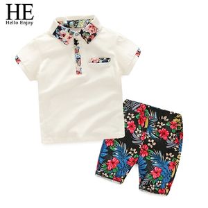 Hij hello geniet van kinderen jongens kleding jongen zomer kleding sets korte mouwen print tops shirt + bloem shorts pakken kinderen 220326