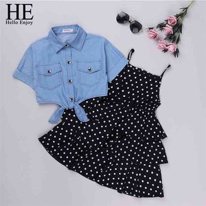 HE Hello Enjoy Adolescents Filles Vêtements Ensembles Été Dot Sling Princesse Robe + Denim Blouse Vêtements Pour Fille 8 10 12 Ans 210326