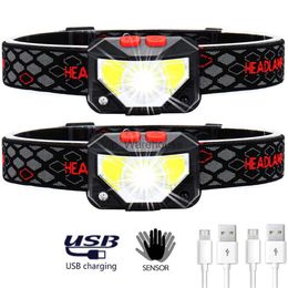 Lámparas de cabeza 8 modos Sensor de movimiento XPE + COB LED Linterna frontal Linterna USB Recargable Impermeable Camping Lámpara de cabeza Pesca Correr faro HKD230926