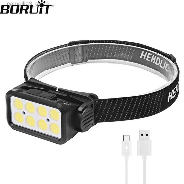 Lámparas de cabeza BORUiT K353 LED Linterna de inducción USB-C Recargable 5 modos Faro impermeable 18650 Antorcha Batería incorporada Linterna para acampar Q231013